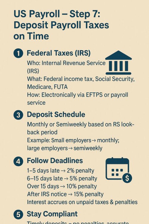 US Payroll – Step 7: Deposit Payroll Taxes on Time (to Federal Taxes (IRS) / State Taxes (State Agencies)